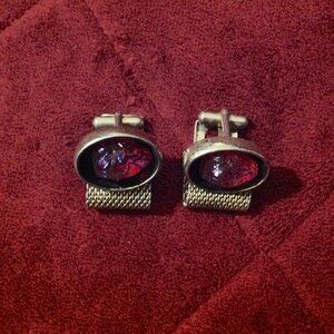 Rare Vintage Mesh Wrap Around Gold Toned Red Aurora Borealis Lucite Nugget Cuffl
